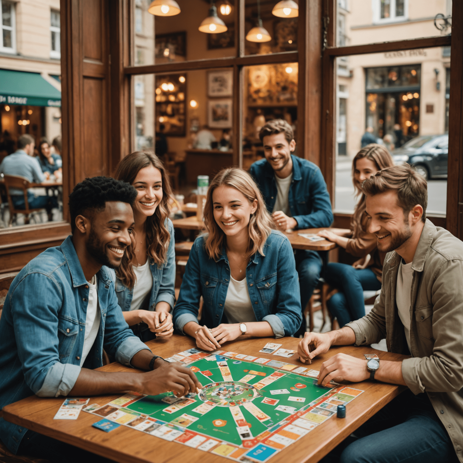 A group of friends playing a cooperative board game, with a French-style café visible through a window in the background. The game board is colorful and filled with intricate details, while the players are smiling and engaged in discussion.
